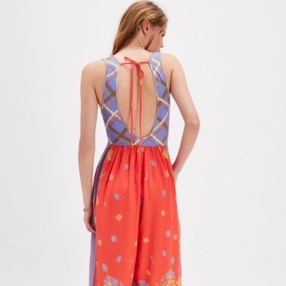 Free People Linen Bali Honeydew Bow Colorful Jumpsuit in Fiesta Combo XS